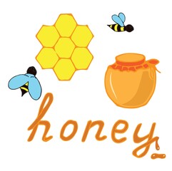 Kit for the international day of the bees. Lettering honey, honeycomb, jar, honey pot, bees, a drop flowing from the letter and a puddle under it. 