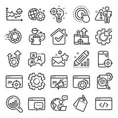 Seo line icons. Website stats, Target and Increase sales signs. Traffic management, social network and seo optimization icons. Gear wheel, Search engine and increase mobile sales. Vector