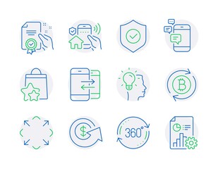 Technology icons set. Included icon as Idea, Loyalty points, Communication signs. Full rotation, Phone communication, Certificate symbols. Refresh bitcoin, House security, Maximize. Report. Vector