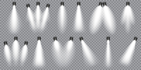 Illuminated studio spotlights collection. Bright light beam. Transparent realistic effect. Stage lighting. Glowing light rays. Vector illustration.