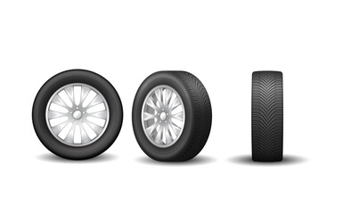 Obraz na płótnie Canvas Auto rim wheel set, side and front view. Modern rubber tires and automotive alloy disks realistic