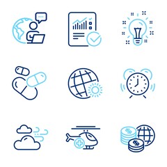 Science icons set. Included icon as Capsule pill, World weather, Windy weather signs. World money, Checked calculation, Time management symbols. Medical helicopter, Idea line icons. Vector