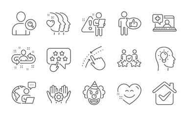 Friends couple, Like and Idea head line icons set. Ranking star, Find user and Employee hand signs. Medical help, Clown and Recruitment symbols. Swipe up, Smile chat and Security agency. Vector