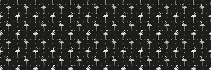 Seamless texture with flamingos and dots. Abstract birds. Polka pattern. Black and white illustration