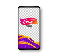 Super sale banner. Phone mockup vector banner. Discount banner shape. Coupon bubble icon. Social story post template. Super sale badge. Cell phone frame. Liquid modern background. Vector