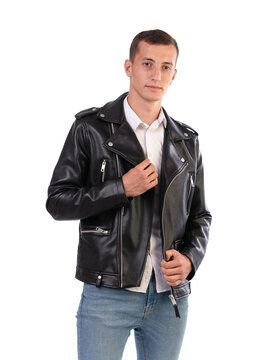 young man with a black leather jacket
