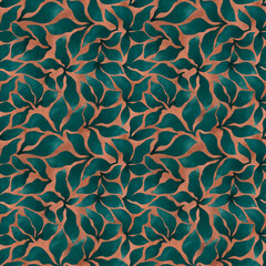 emerald leaves seamless pattern with grunge structure, hand drawn clipart, colorful wallpaper