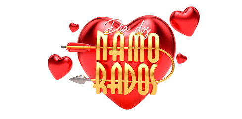 DIA DOS NAMORADOS TEXTO 3D COM CORAÇÃO E FLECHA EM FUNDO ISOLADO 