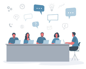 Office workers during the meeting. Business concept with icons. Employees are sitting at the table in the office. Conference hall. Flat style. Vector illustration in blue and gray colors