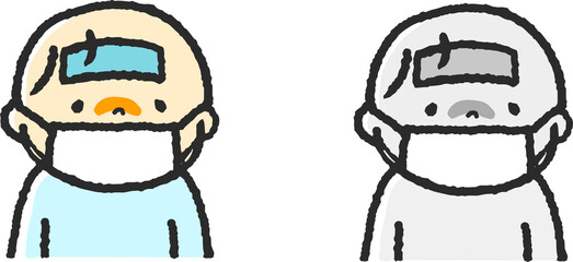 The child is fevering and wearing a face mask.