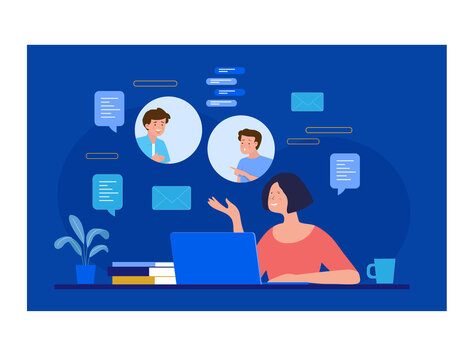 Worker using computer for collective virtual meeting and group video conference. Woman at desktop chatting with friends online. Vector illustration for video conference, remote work, technology 