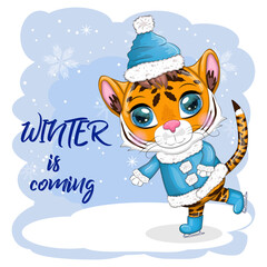 Cartoon tiger in a fur coat and boots on a winter background, skating, Winter is coming. Children's stylistics, cute. Symbol of 2022 New Year