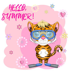 Fototapeta premium Cartoon tiger wearing goggles and swimming flippers, Summer is coming. Vacation, sea, rest. Children's stylistics, cute. Symbol of 2022