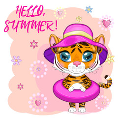 Cartoon tiger with swimming circle in summer hat, Summer is coming. Vacation, sea, rest. Children's stylistics, cute. Symbol of 2022