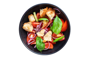 panzanella salad tomato, croutons, onion, olive oil, rusk on the table healthy food meal snack copy space food background rustic. top view keto or paleo diet veggie vegan or vegetarian food