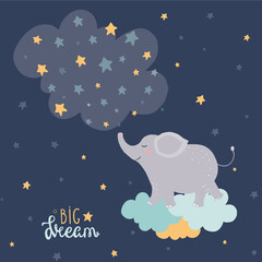 Obraz premium Kids poster cute character elephant flies on the clouds and stars. Text big dream. Kids wallpaper. Сhildren's print art. Dark night, yellow stars, blue clouds. Vector illustration. Doodle style.