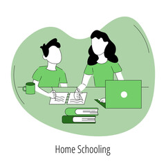 Home schooling. Kid study at home with mother. Child do homework at home with parents during pandemic and quarantine. Vector illustration, flat cartoon concept isolated on white. Green colors.