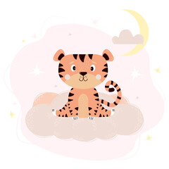 Cute tiger cub sits on gentle pink cloud against the background of the starry sky with the moon. Vector illustration. Animal for kids collection, design, nursery, decor, postcards. Scandinavian style