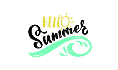 Hello Summer handwritten text. Trendy script lettering design. Modern brush calligraphy on white textured background. Vector illustration as logotype, icon, card. Yellow sun, blue wave, water splashes