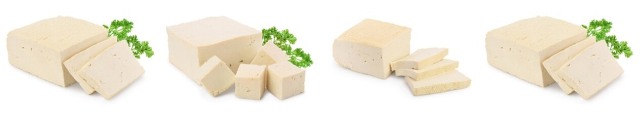 tofu cheese isolated on white background with clipping path and full depth of field, Set or collection