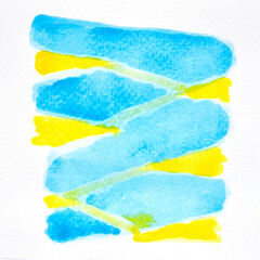 a photo image of abstract blue and yellow watercolor on paper, hand paint of blue and yellow watercolor for background, wet technique on paper to mix difference color