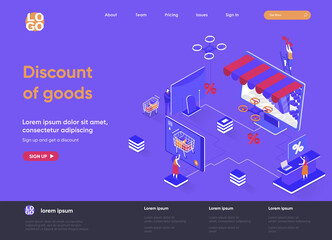 Discount of goods isometric landing page. Seasonal discounting and special offer, retail advertising and sale proposition isometry web page. Website flat vector illustration with people characters.