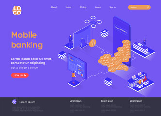 Mobile banking isometric landing page. Mobile application for financial management, online payment and accounting isometry web page. Website flat template, vector illustration with people characters.