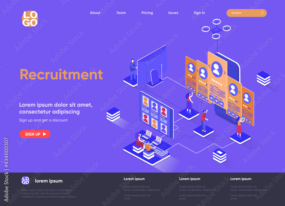 Poster recruitment isometric landing page. human resource management and staff headhunting isometry web pag