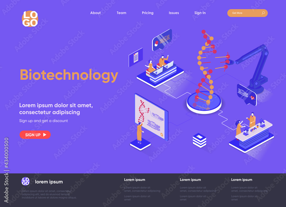 Poster Biotechnology isometric landing page. DNA sequence cloning and recombination isometry web page. Genetic engineering template, science research laboratory vector illustration with people characters.