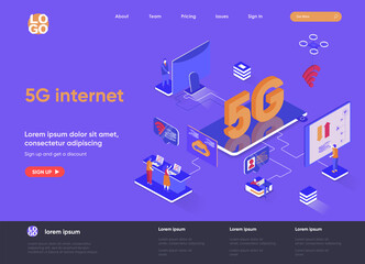 5G internet isometric landing page. Mobile telecommunication, 5G generation technology standard, cellular networks isometry web page. Website flat template, vector illustration with people characters.