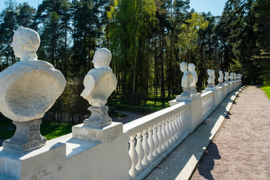 busts of famous personalities from ancient Greece and Rome and maybe the Middle Ages . Idyllic  the Arkhangelskoye estate was founded in 1800. Mid May in Russia.