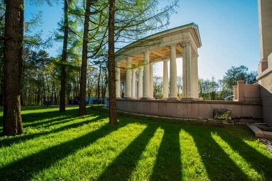 colonnade in the Arkhangelskoye park  and  idyllic sunset and May  - begin of  spring next to Moscow city