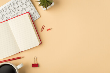 Top view photo of white keyboard flowerpot open red planner pencil binder clip pin and cup of coffee on isolated beige background with copyspace