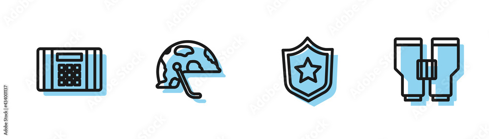 Sticker Set line Military reward medal, Dynamite bomb, helmet and Binoculars icon. Vector