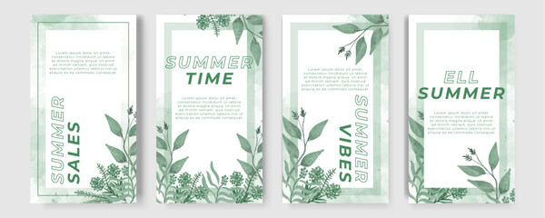 Summer stories concept for social media with floral. Bright summer banner set with palm branch, tropical leaves. Story concept. Product catalog, discount voucher, advertising.