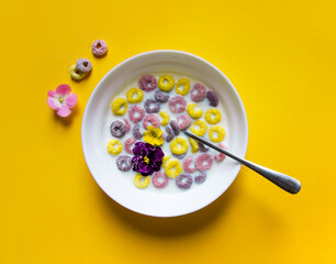 on a yellow plain background a beautiful summer American breakfast: multi-colored flakes rings with milk and violet flowers of yellow pink and violet color. there is a spoon in the plate