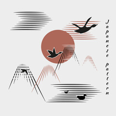 Flock of birds, ducks, geese fly to bright sun, mountains, clouds, lake, river. White background, black birds. Minimalistic pattern in Japanese style. Vector illustration, birds in form of hieroglyphs