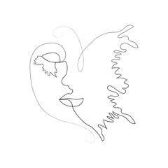 abstract face with butterfly one line drawing. Portret minimalistic style