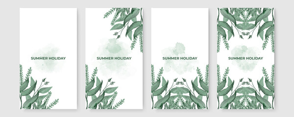 Fototapeta na wymiar Summer stories concept for social media with floral. Bright summer banner set with palm branch, tropical leaves. Story concept. Product catalog, discount voucher, advertising.