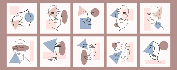 Abstract woman portrait by simple lines. Minimal style portrait. Geometric shapes, trendy style