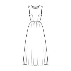 Dress long technical fashion illustration with sleeveless, fitted body, floor length full skirt. Flat apparel front, white color style. Women, men unisex CAD mockup
