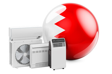 Bahraini flag with cooling and climate electric devices. Manufacturing, trading and service of air conditioners in Bahrain, 3D rendering