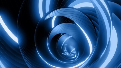 3d render. Abstract geometric bg with rings form complex twisted spiral and light effects. Rings flash neon blue lights. Neon ring bulbs for show or events, festivals