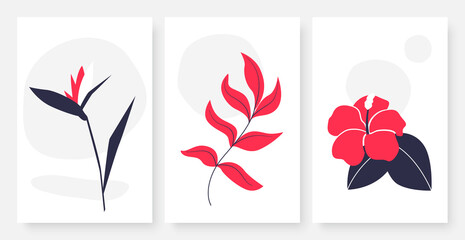 Fototapeta premium Flower and leaves single continuous line art vector illustration set. Abstract simple creative tropical leaf, plants in red and black color, hand drawn template background for social media stories