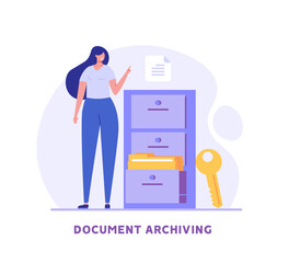 Woman standing next to a file storage box. Concept of document archive, data storage, safe storage, file archiving and organization, digital database. Vector illustration in flat design
