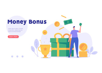 Man getting an award and bonus money. Happy businessman receiving reward and standing near the gift box. Concept of money bonus, reward program, cash back. Vector illustration in flat design.
