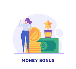 Woman getting award and bonus money. Happy business woman receiving reward and standing near gift box. Concept of money bonus, reward program, cash back. Vector illustration in flat design.