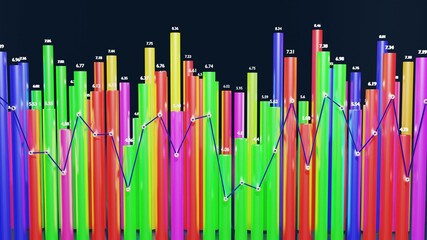 3d render. Multicolor bars, counters and graph. Beautiful 3d background for analytical programs with abstract infographics, statistical data. 3d columns as financial bg