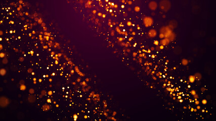 Golden red glow particles flicker and float in viscous liquid with amazing bokeh. Fantastic background. Gold magical sparkles of light form abstract structures. 3d render