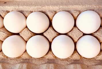 Beautiful white eggs in brown paper carton.